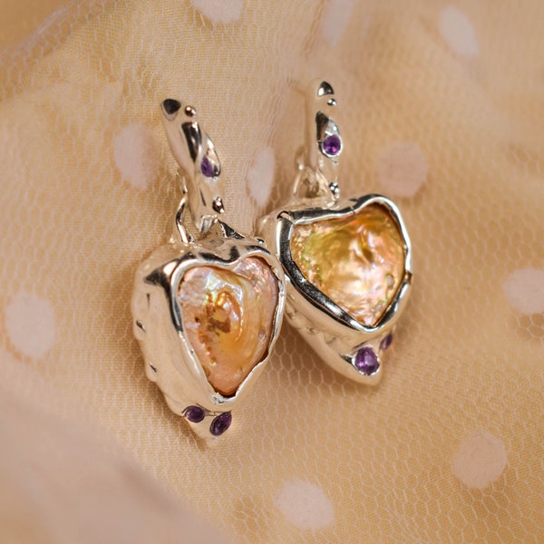 Statement earrings with mother of pearls hearts and amethyst