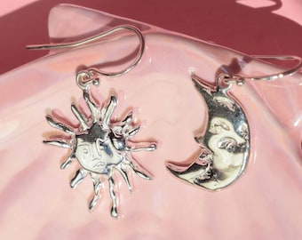 Sun and moon dangle earrings - silver mismatch earrings