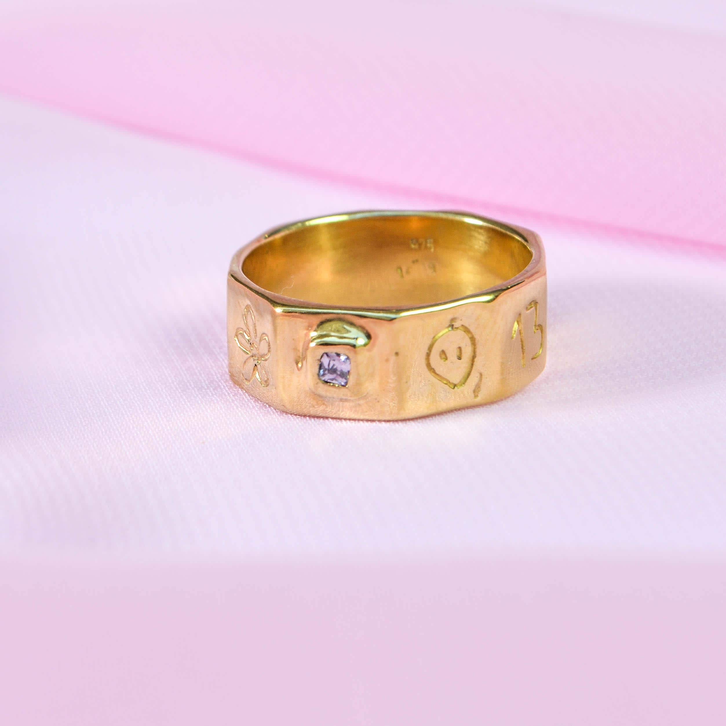 Gold Plated Band Ring - Quirky 90s Ring With a Purple Square Cz Crystal ...