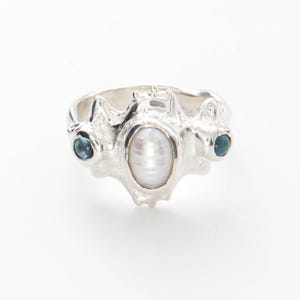 925 silver pearl ring with blue topaz - natural pearl ring