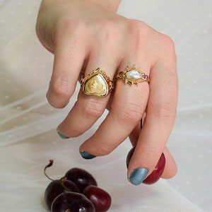 Raw irregular pearl and pink tourmaline ring in gold or silver tone image 8