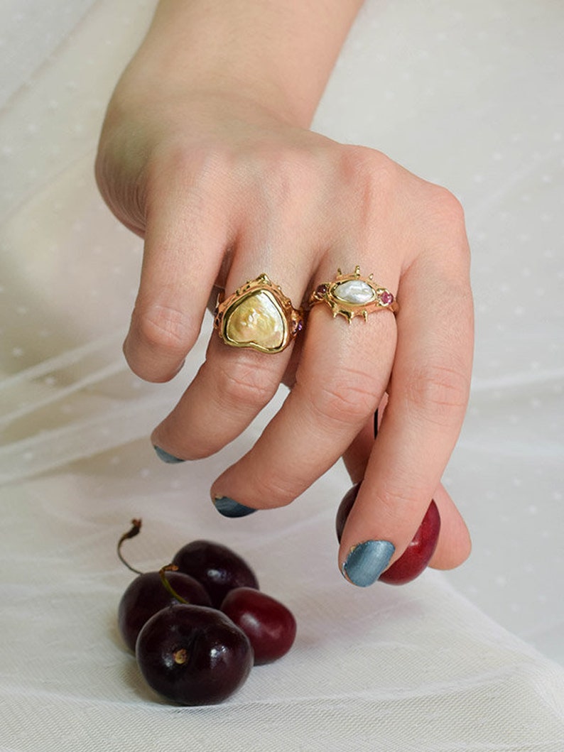 Raw irregular pearl and pink tourmaline ring in gold or silver tone image 8