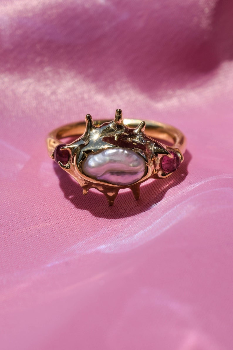 Raw irregular pearl and pink tourmaline ring in gold or silver tone image 1