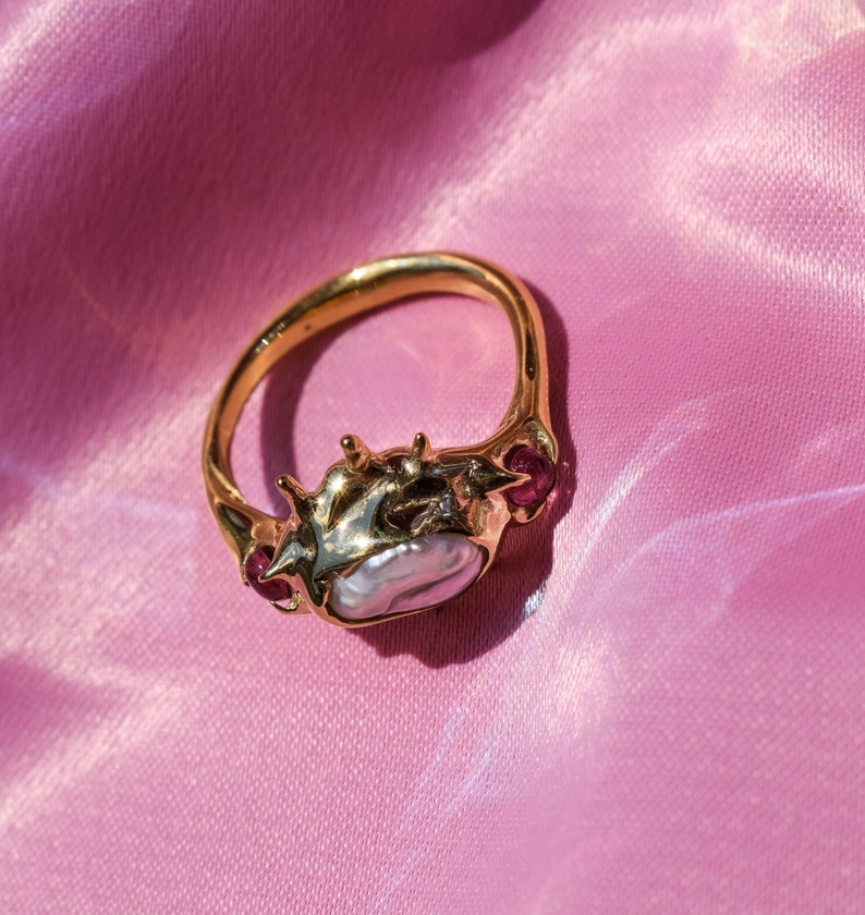 Raw irregular pearl and pink tourmaline ring in gold or silver tone image 10