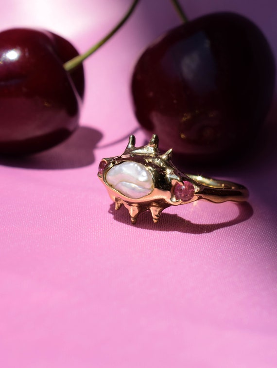 Raw irregular pearl and pink tourmaline ring in gold or silver tone