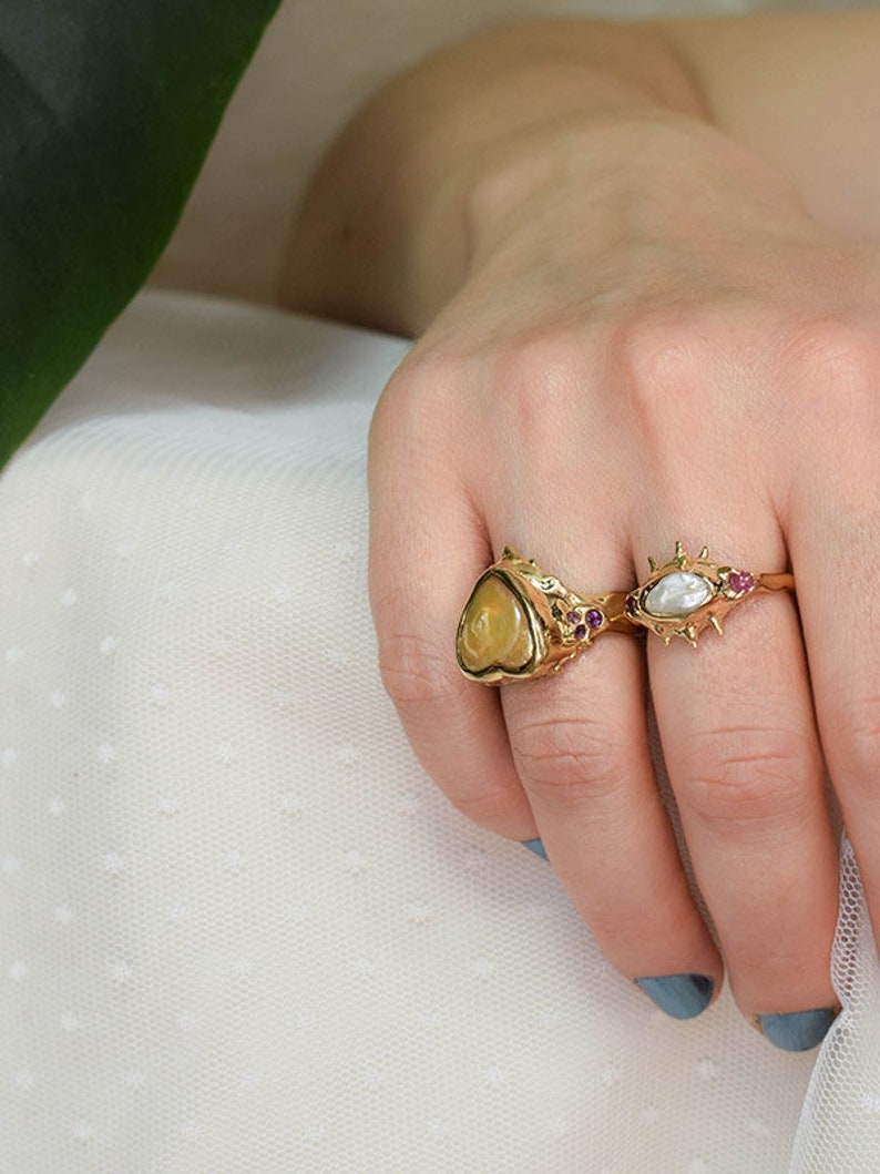 Raw irregular pearl and pink tourmaline ring in gold or silver tone image 4