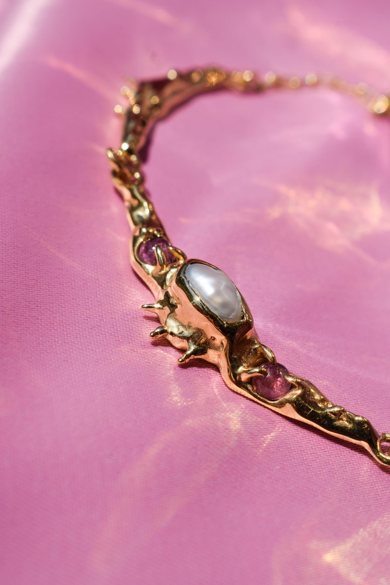 Statement necklace with irregular pearl and pink tourmalines in a raw, organic form image 2