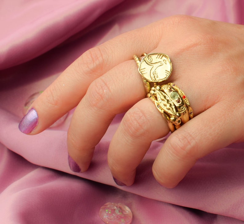 Gold dainty stacking ring with orange and purple stones image 7