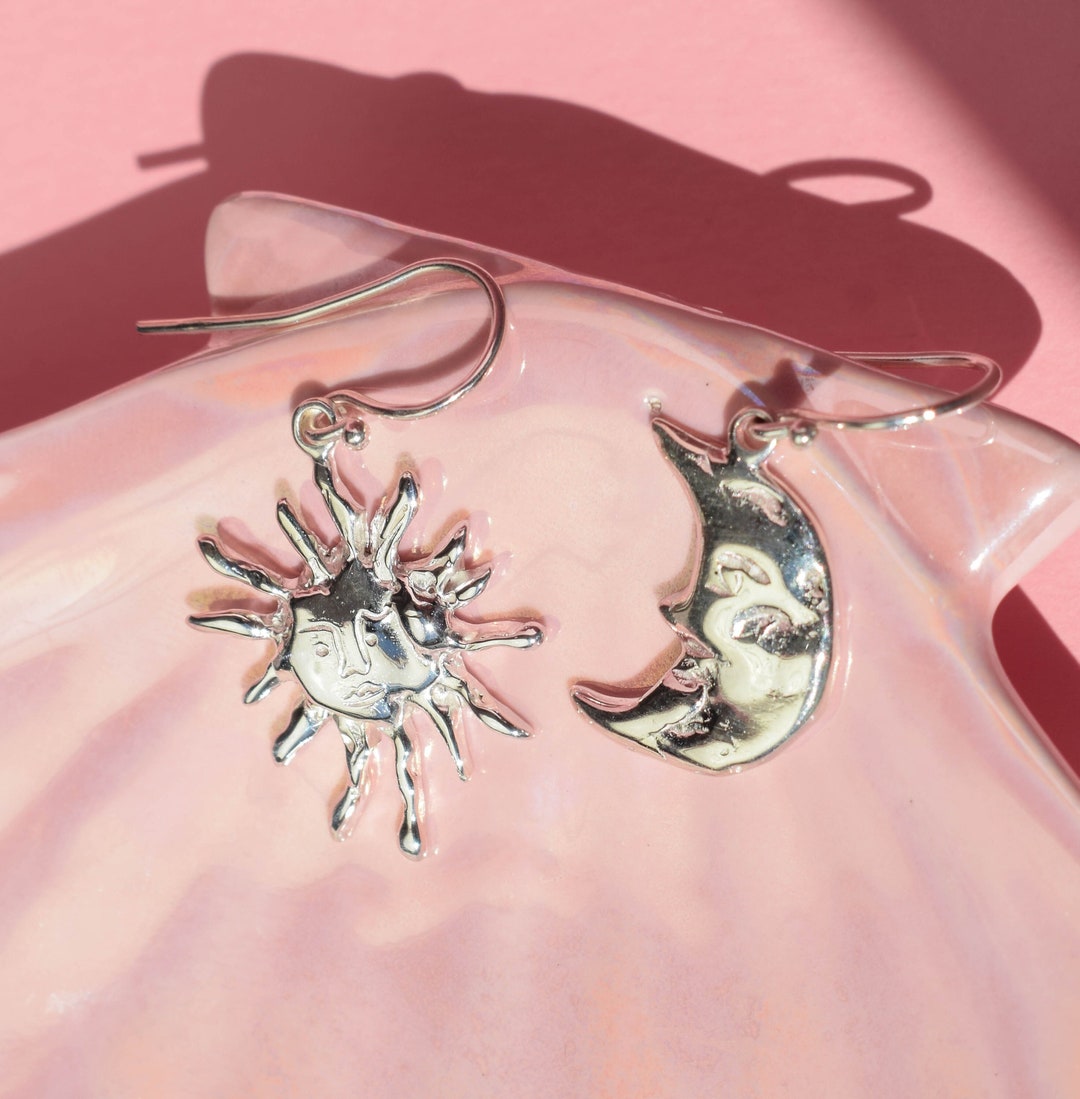 Sun and Moon Dangle Earrings Silver Mismatch Earrings Etsy UK