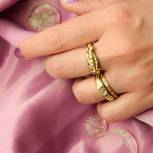 Gold dainty stacking ring with orange and purple stones image 3
