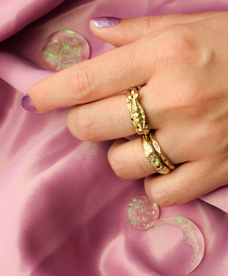 Gold dainty stacking ring with orange and purple stones image 3