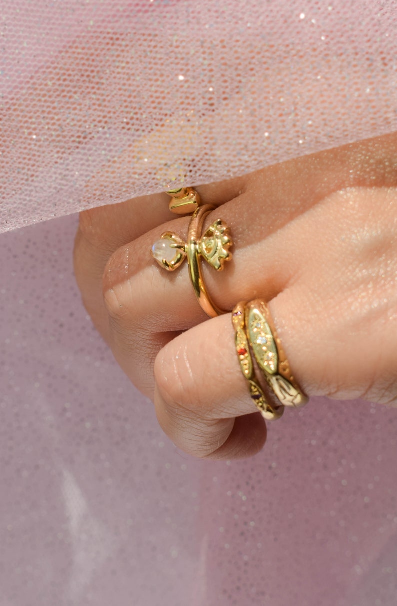 Gold dainty stacking ring with orange and purple stones image 8