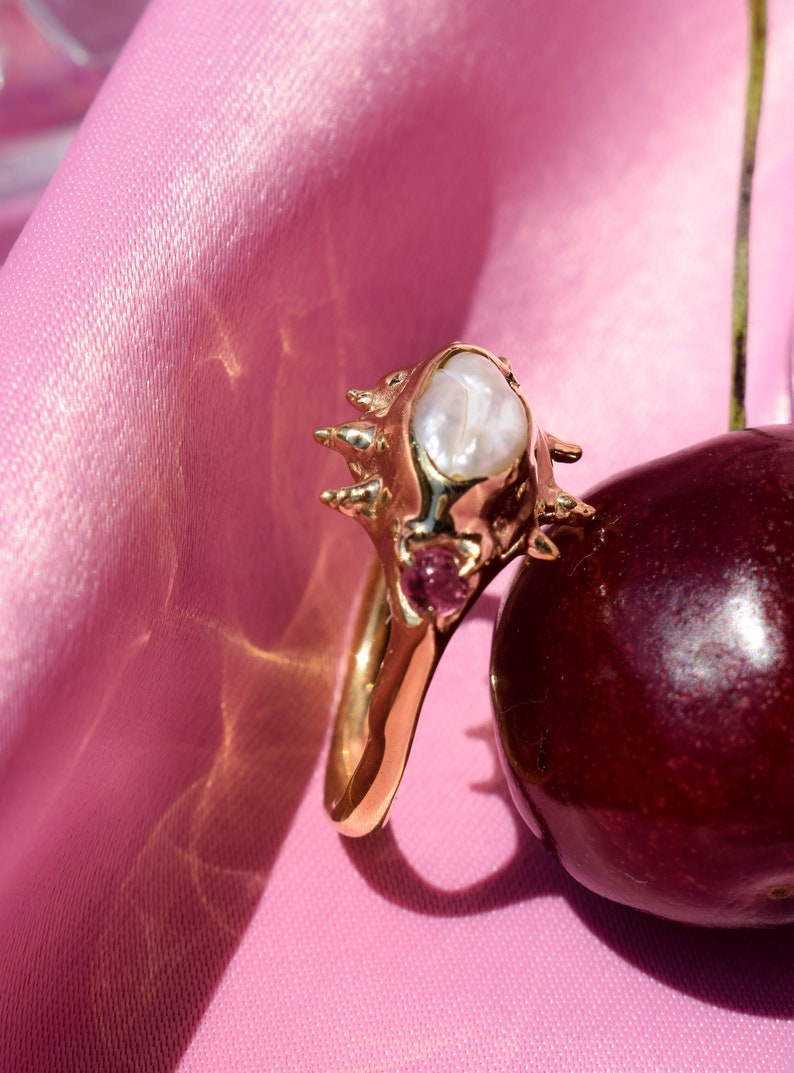 Raw irregular pearl and pink tourmaline ring in gold or silver tone image 5