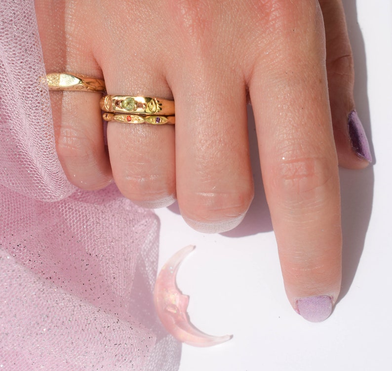 Gold dainty stacking ring with orange and purple stones image 4