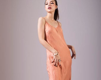 V-Neck Silk Bias Cut Ankle Slip Dress/ Coral