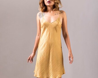 100% silk V-Neck Silk Bias Cut Slip Dress/ Mustard