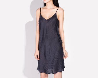 100% silk V-neck Silk Bias Cut Slip Dress/ Navy night gown inner dress
