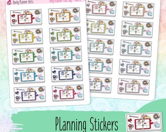 May include: Sheets of planner stickers featuring colorful ring planner flat lay designs. Each sticker includes a planner, coffee cup, sticky note, and decorative elements. The text "Planning Stickers" is at the bottom.