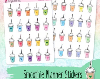 May include: A set of 36 colorful smoothie planner stickers featuring a cartoon smoothie cup with a straw and a heart. The stickers are arranged in a grid on a white background. The text "Dorky Planner Girls" and "Smoothies" is visible at the top of the image.