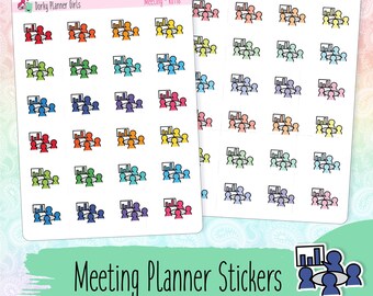 May include: Two sheets of colorful meeting planner stickers with a variety of colors and designs. The stickers feature a group of people sitting around a table with a presentation screen. The text on the sheets reads "Dorky Planner Girls" and "Meeting Planner Stickers".