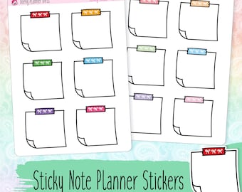 May include: A sheet of planner stickers with nine blank sticky notes, each with a different colored ribbon at the top. The text "Sticky Notes - RB034" is at the top of the sheet. The text "Sticky Notes - PL034" is at the top of the right side of the sheet. The text "Dorky Planner Girls" is at the top of the left side of the sheet. The text "Sticky Note Planner Stickers" is at the bottom of the sheet.