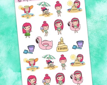 Puede incluir: Una hoja de pegatinas con una niña de pelo rosa en varias actividades de playa, incluyendo la construcción de castillos de arena, nadar y montar en un flotador de flamenco. El texto "Dorky Planner Girls" y "Lily at the beach - LL102" está en la parte superior de la hoja.