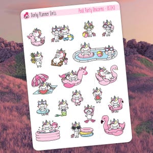 Puede incluir: Una hoja de pegatinas con bonitas ilustraciones de unicornios en varias actividades de temática veraniega, como nadar, tomar el sol y montar en un flotador de flamenco. Las pegatinas están diseñadas para su uso en planificadores y diarios. El texto "Pool Party Unicorns - UC045" está impreso en la parte superior de la hoja.