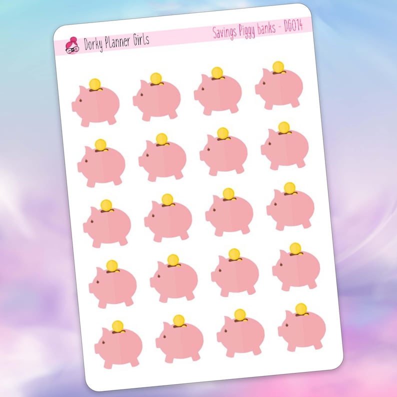May include: A sheet of 16 pink piggy bank stickers with a yellow coin on top of each piggy bank. The text "Savings Piggy banks - DG014" is at the top of the sheet.