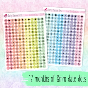 May include: Two sheets of pastel 8mm date dot stickers. Each sheet has 12 months of numbered circles, from 1 to 31, with star accents. The text "Dorky Planner Girls" is at the top.