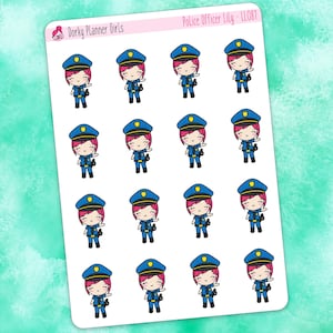 May include: A sheet of stickers featuring cartoon police officers. Each sticker shows a character with pink hair, a blue uniform, and a police hat. The stickers are labelled "Police Officer Lily - LL081" and "Dorky Planner Girls".