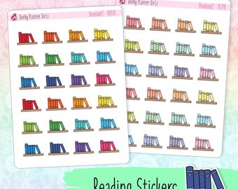 May include: Two sheets of colorful reading stickers featuring illustrations of bookshelves with books in various colors. The text "Bookshelf - R8178" and "Bookshelf - PL178" is printed on the sheets. A separate sticker shows a stack of five blue books on a bookshelf.