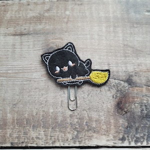 Clipe de papel para planejador de gato preto, clipe de papel de gato de bruxa em uma vassoura