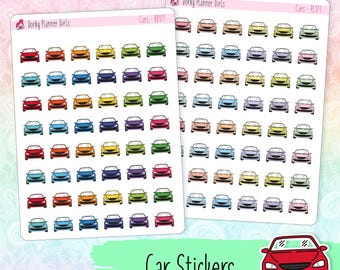 May include: Two sticker sheets featuring rows of colorful car illustrations in various colors, including red, orange, yellow, green, blue, purple, and pink. The text "Car Stickers" is at the bottom, with a red car graphic. The brand name "Dorky Planner Girls" is at the top.