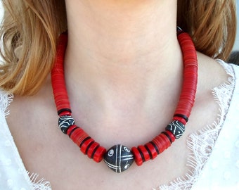 art africain perles africaines coffi en bakélite rouge et jaune diamètre moyen