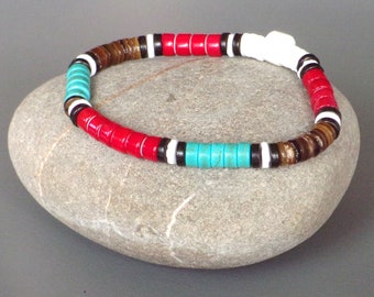 Bracelet Amérindien Artisanat – Turquoise, Corail Et Nacre (rondelles, Sur Mesure)