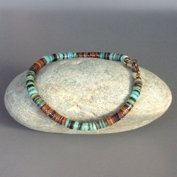 Native American surfer bracelet for men or women in caramel and turquoise heishi mother-of-pearl slices Navajo tribal jewelry with clasp