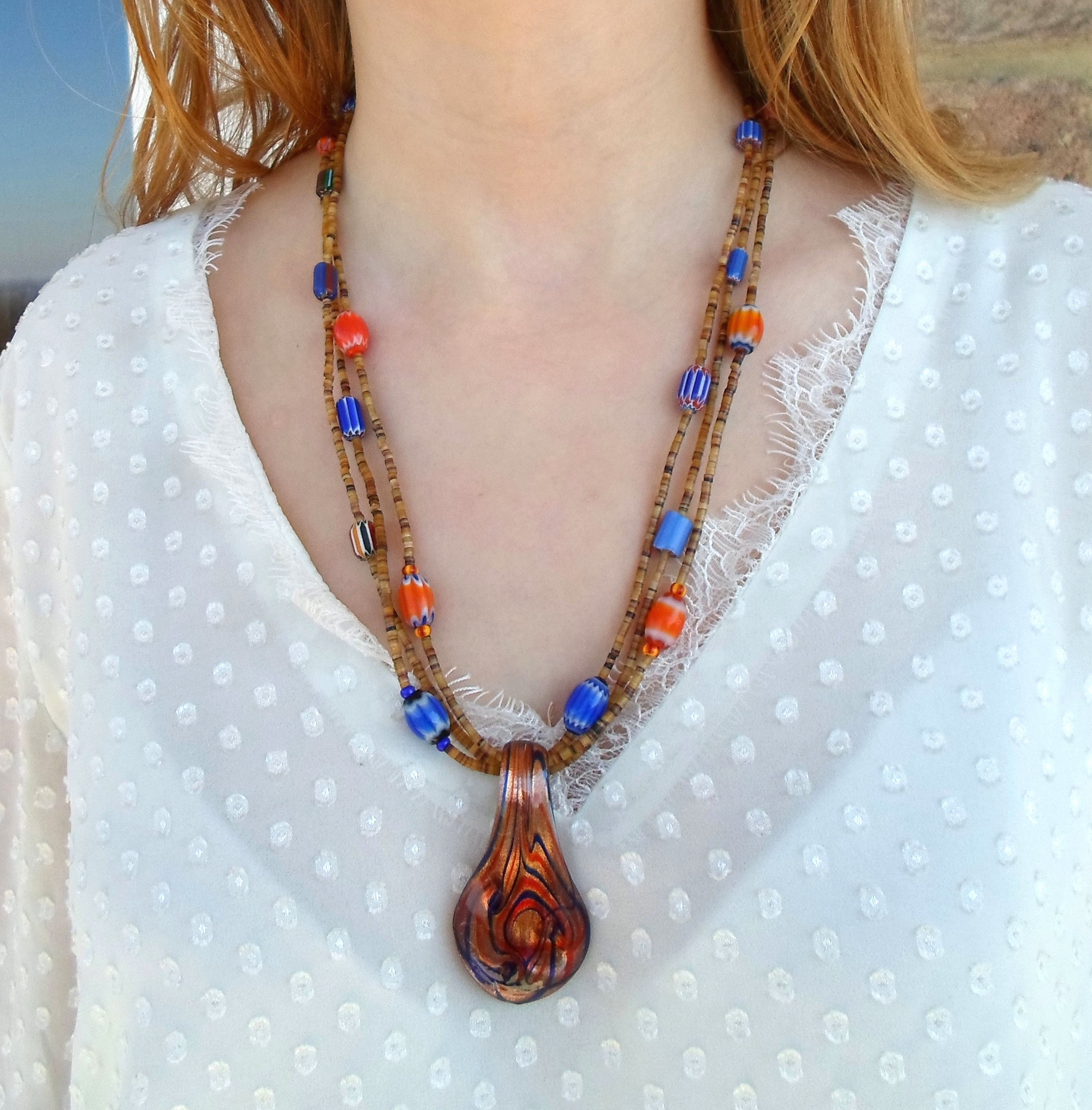 Collier Pendentif Et Sautoir Perles De Verre Murano - Les 2 Pièces - Noir Et Marron - Neuf Sans Emballage