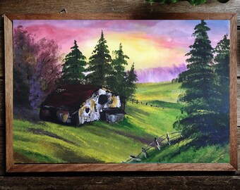 Cabin at Sunset - Bob Ross Replica, Acrylic on 16x20 Stretched Canvas