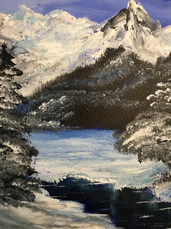 Acrylic Mountain Painting on Canvas 16x20, Canada Mountain, Winter