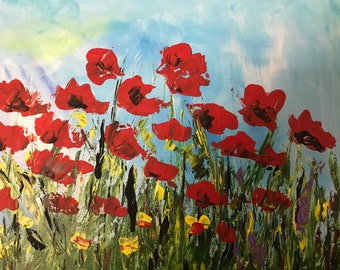 Poppies - Vibrant Painting Of Poppies On Stretched Canvas 11X14", Hand Painted, Acrylic paint, Wall Decor