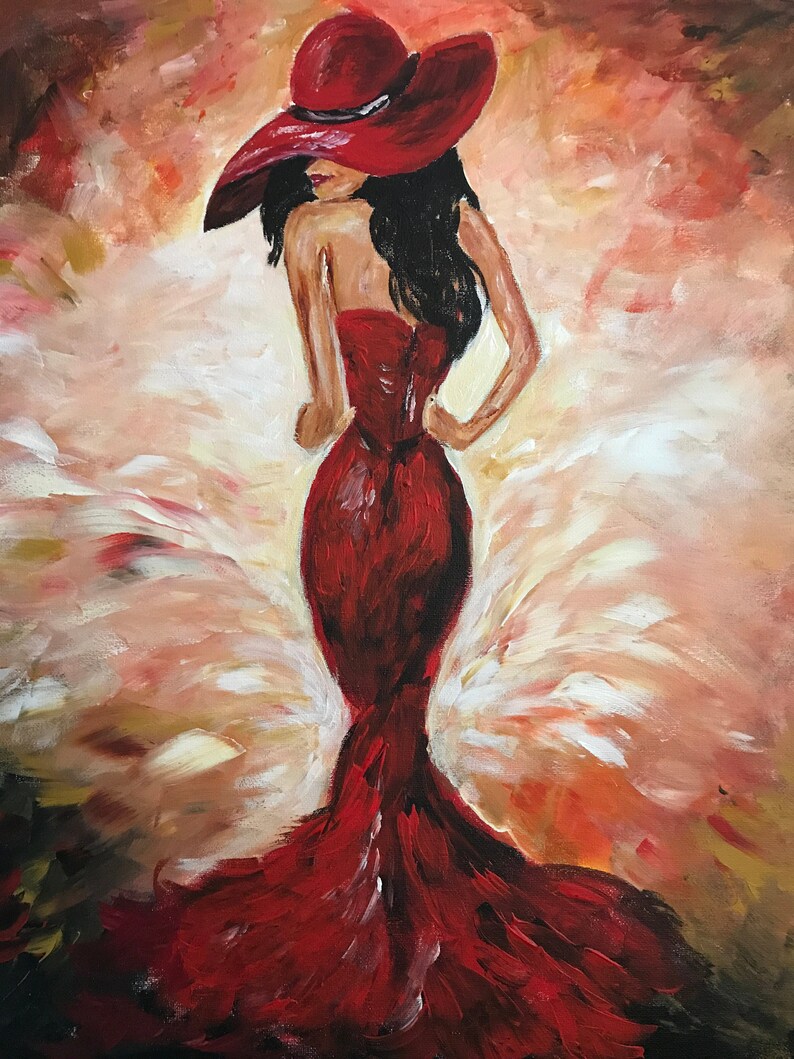 The Lady In Red Acrylic Handmade Painting On Stretched | Etsy