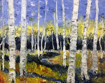 Birch Trees In A Field Of Leaves - Abstract Oil Painting On Stretched Canvas 16x20