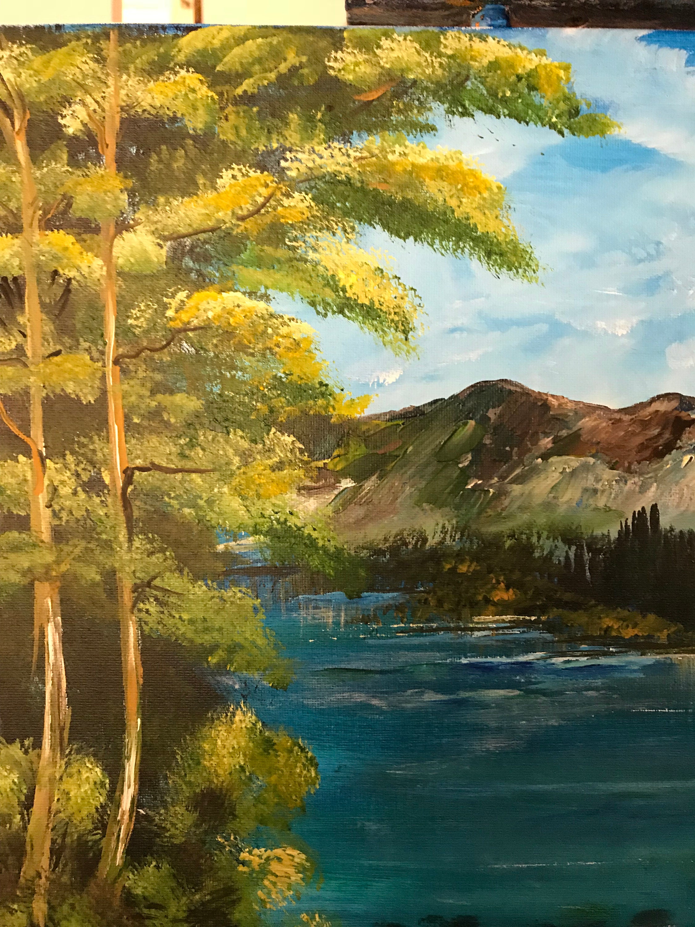 Lakeside Scene Overlooking A Rocky Mountain Range Bob Ross Replica,  Handmade Painting on Stretched Canvas 16x20 