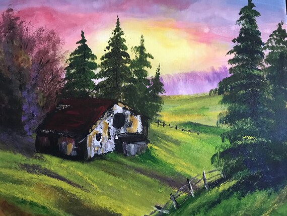 Cabin At Sunset Bob Ross Replica Acrylic On 16x20 Stretched Etsy