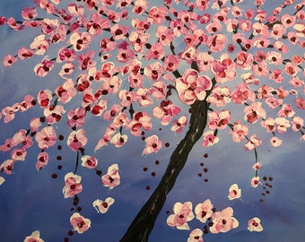 Cherry Blossom Tree Under A Cloudy Blue Sky - Abstract Nature, Acrylic Painting On Stretched Canvas 16x20