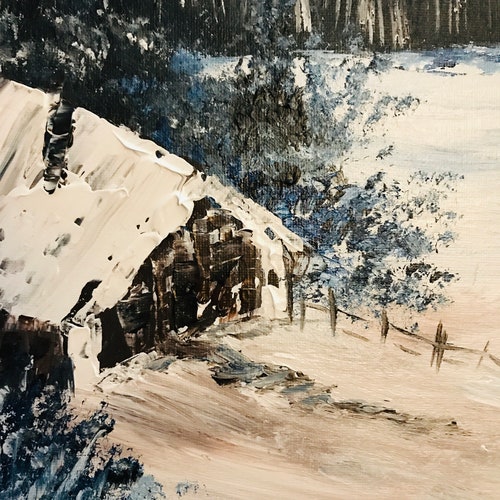 Cabin In Snowy Winter Scenery Painting good - Bob Ross Replica, Handmade Acrylic Artwork On Stretched Canvas 16x20