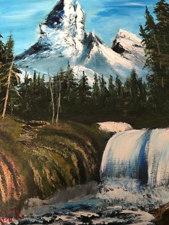 Bob Ross Style Waterfall W/Trees And Mountains Bob Ross - Etsy