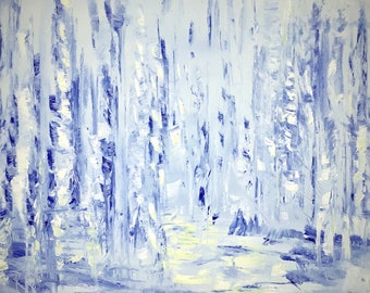 Birch Trees In The Winter - Original Handmade Oil Palette Knife Painting On 16x20 Stretched Canvas