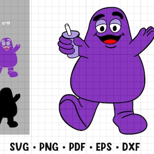May include: Purple cartoon character holding a purple cup with a straw. The character has a big smile and is wearing a purple outfit.