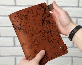 Personalized Leather journal with Middle earth map, Leather Notebook A5, Groomsman gift, Boyfriend gift, Monogram Blank Notebook